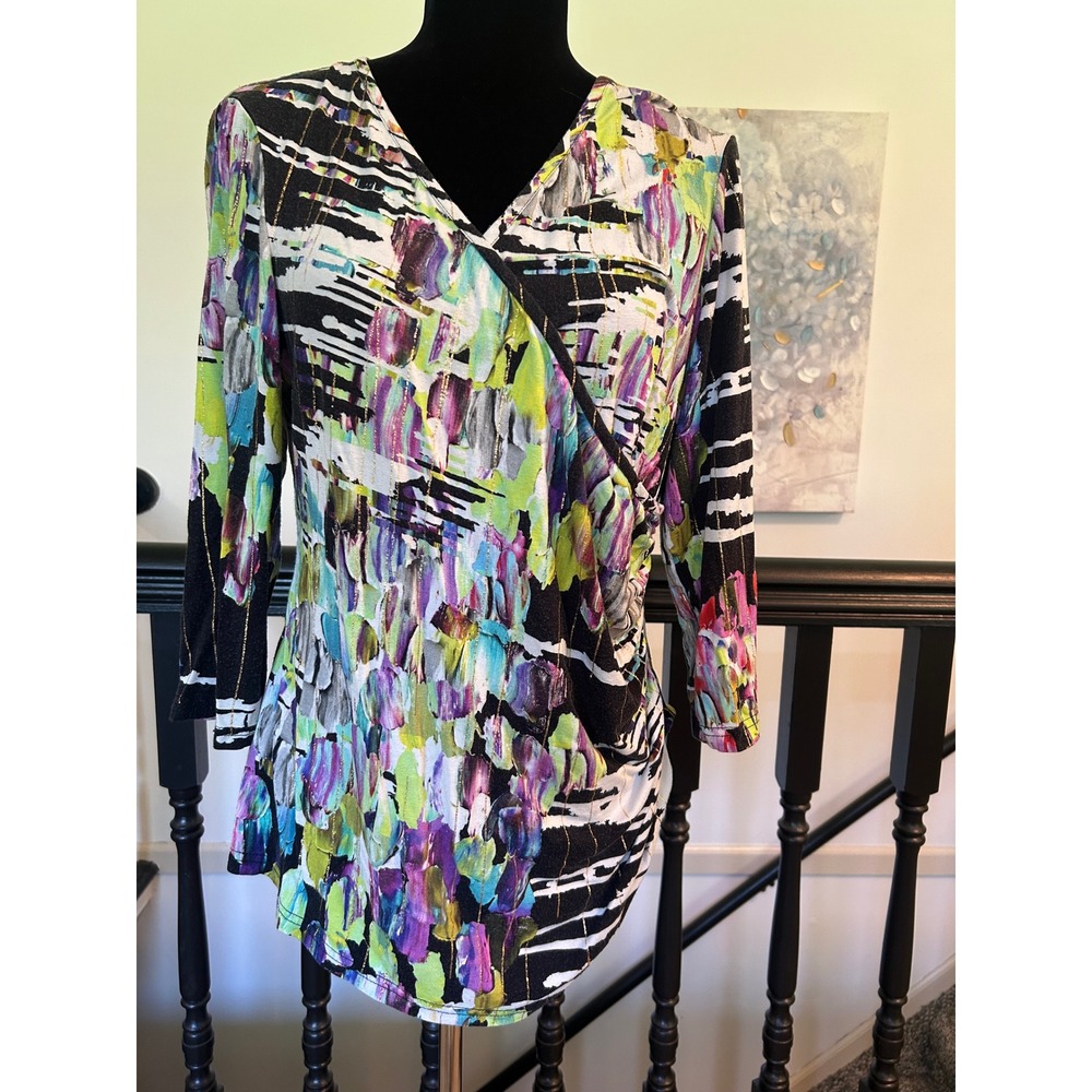 Cartise Womens XL Abstract Paint Print Faux Wrap Top Gold Metallic Stripe 710201